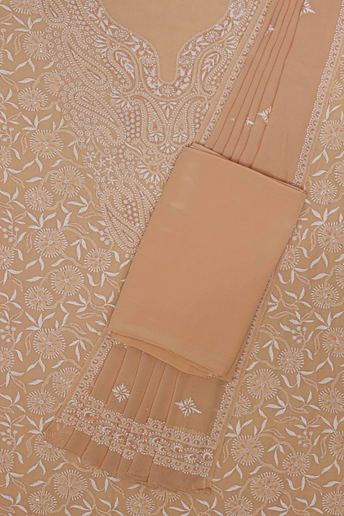 Ada Hand Embroidered Peach Pure Georgette Lucknowi Chikankari Unstitched Suit Piece With Sequinned Work A105959