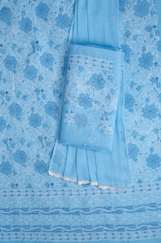 Ada Hand Embroidered Blue Cotton Lucknowi Chikan Unstitched Suit Piece-A100303