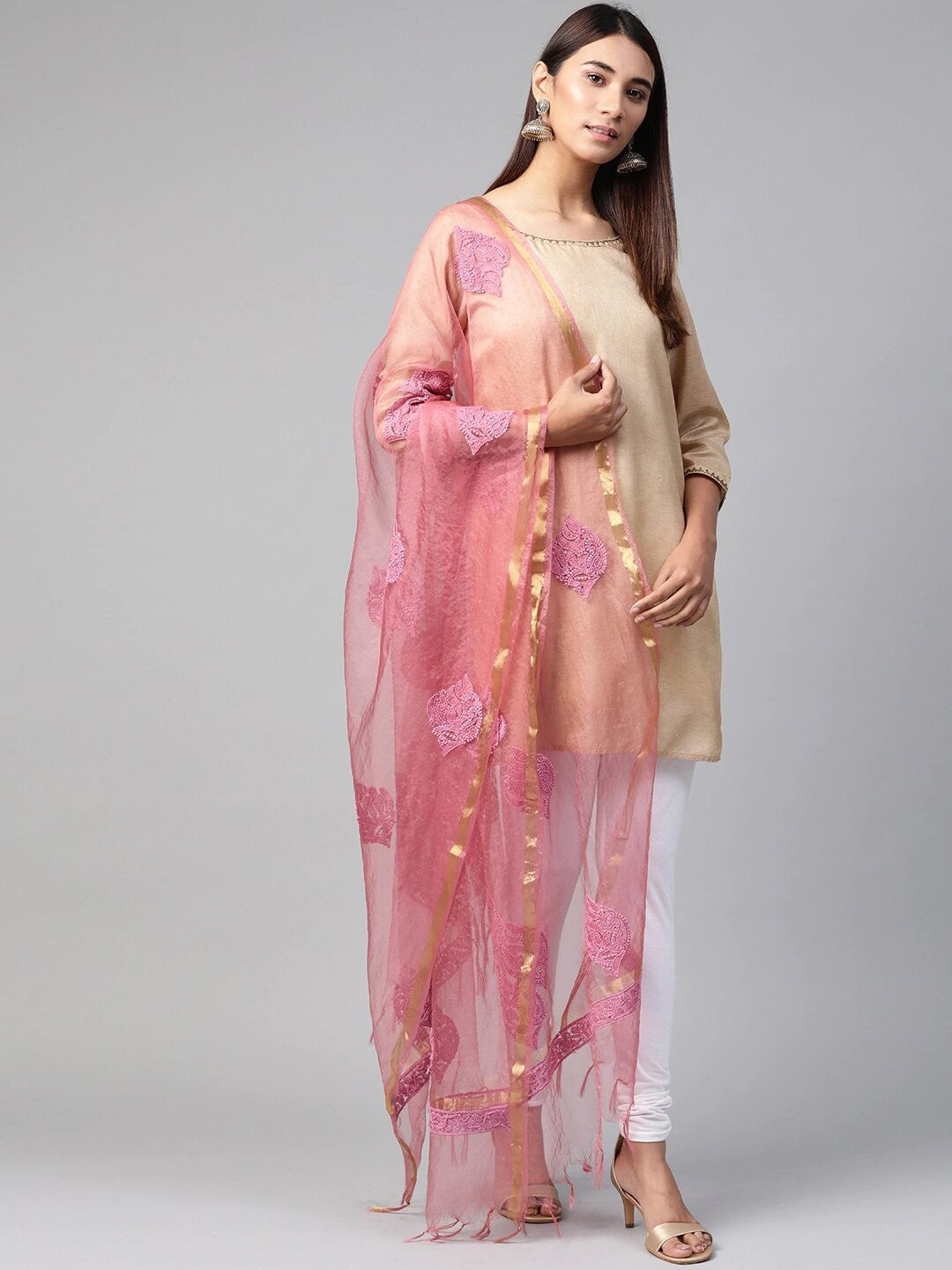 Ada Hand Embroidered Onion Pink Organza Lucknowi Chikankari Dupatta-A511137