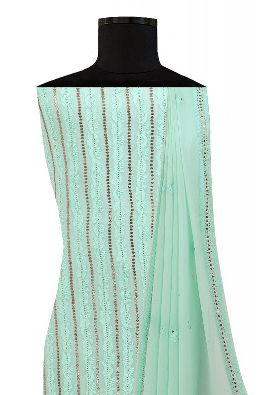 Ada Hand Embroidered Sea Green Pure Georgette Lucknowi Chikan Unstitched Kurta Dupatta Set With Muqaish Work- A561303