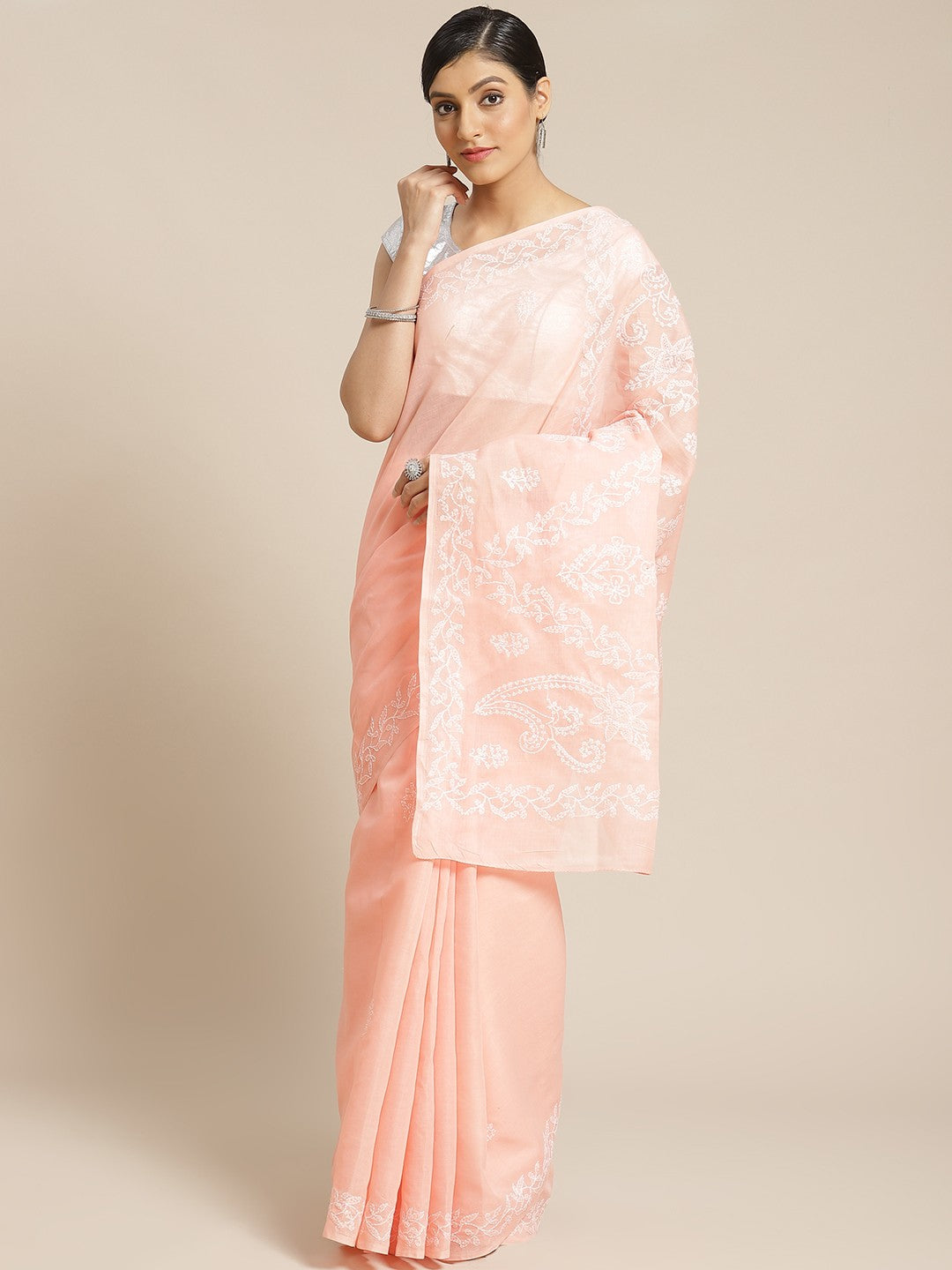 Ada Hand Embroidered Peach Cotton Lucknow Chikan Saree With Blouse- A311185