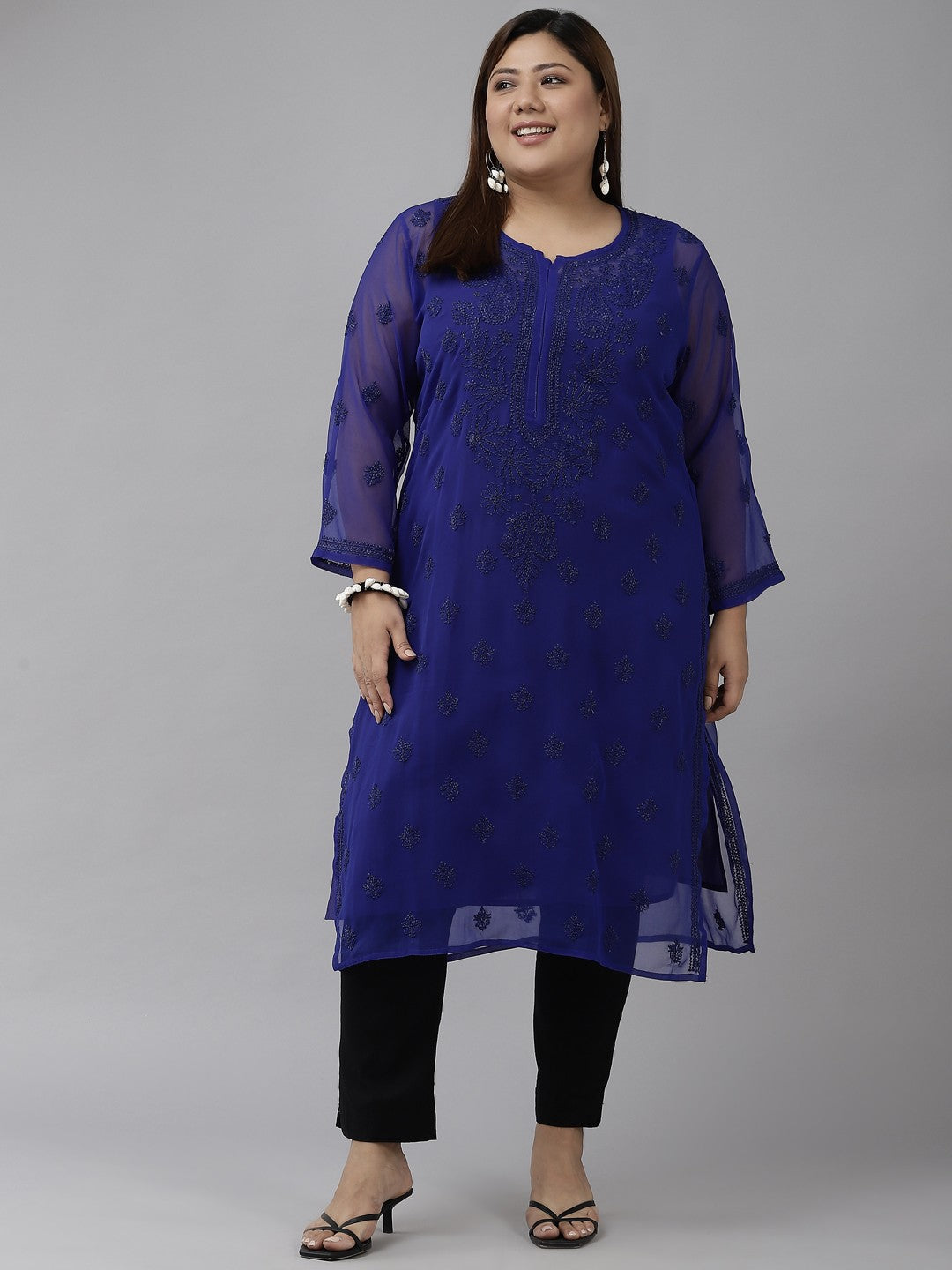 Ada Hand Embroidered Royal Blue Georgette Lucknow Chikan Kurta with Slip A229395