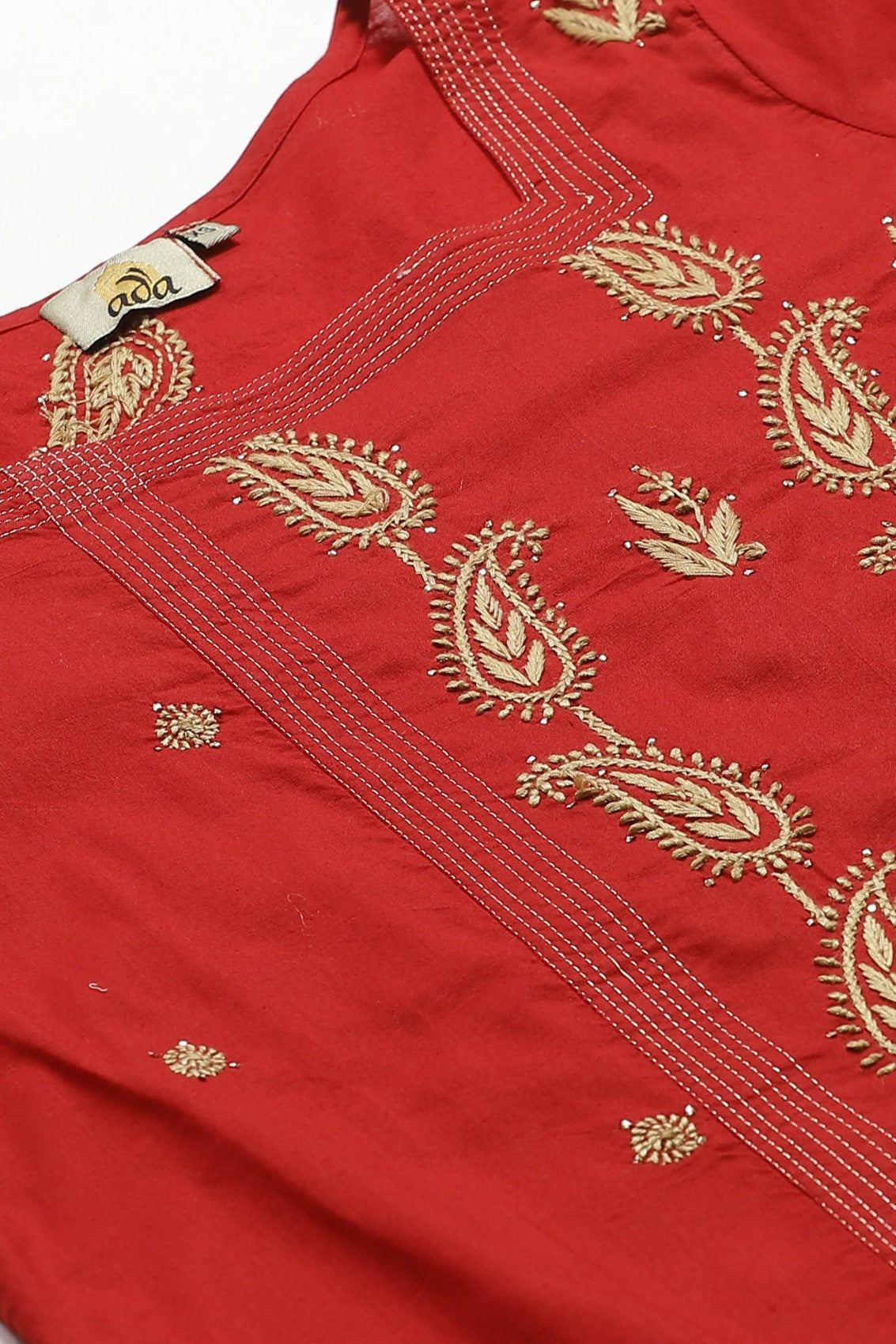 Ada Hand Embroidered Red Cotton Lucknowi Chikankari Kurta/Trouser Set with Muqaish Work A100327