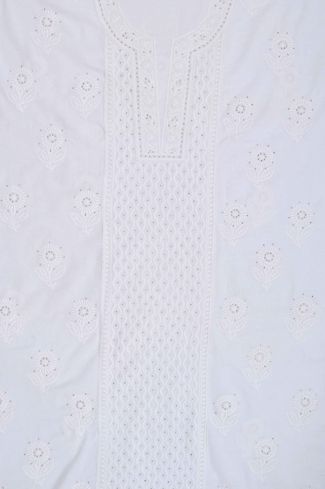 Ada Hand Embroidered White Cotton Lucknowi Chikankari Unstitched Suit Piece With Muqaish Work 01A259997