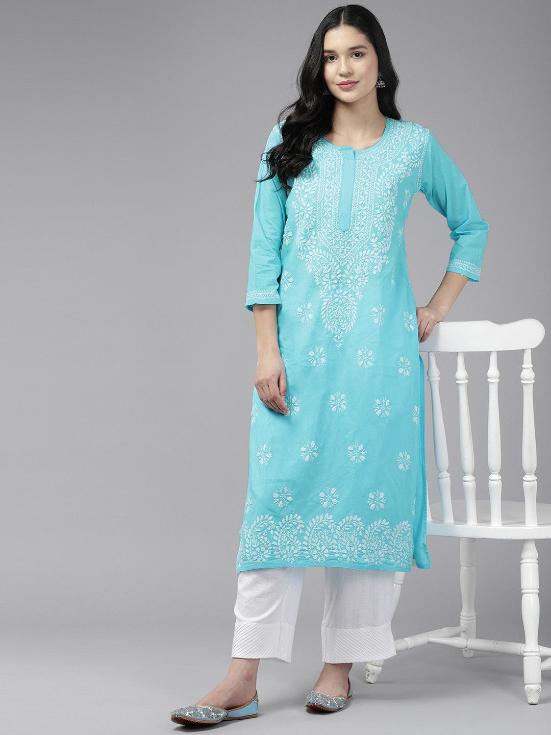 Ada Hand Embroidered Blue Cotton Lucknowi Chikankari Straight Kurta A411424