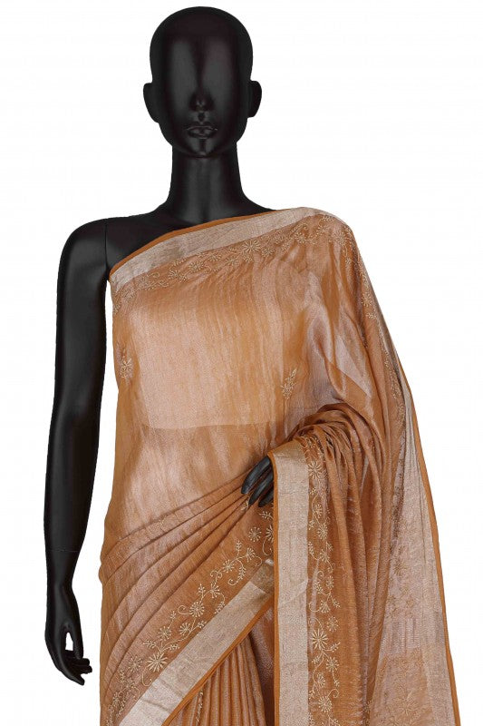 Ada Hand Embroidered Copper Brown Tissue Lucknow Chikan Saree With Blouse-A615150