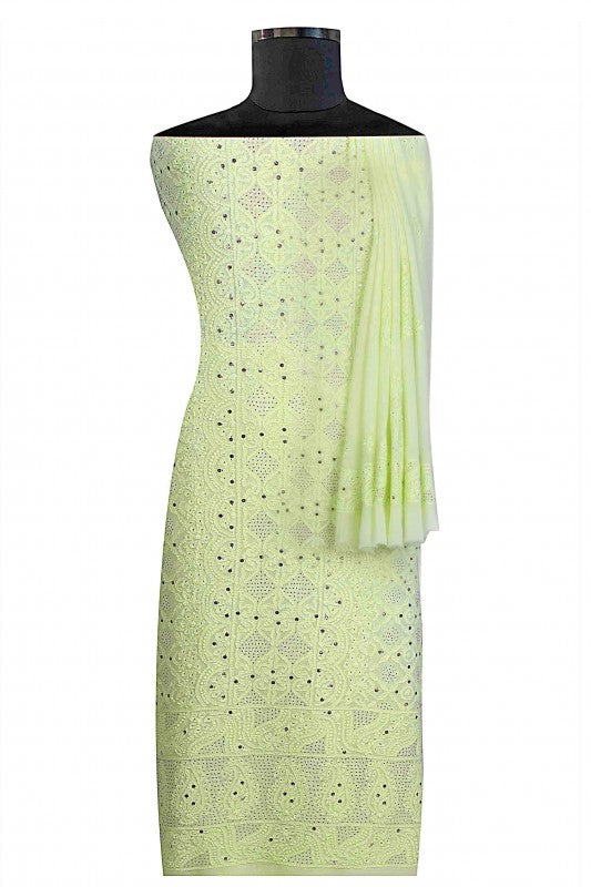Ada Hand Embroidered Pastel Green Georgette Lucknowi Chikan Unstitched Kurta Dupatta With Muqaish Work-A610176