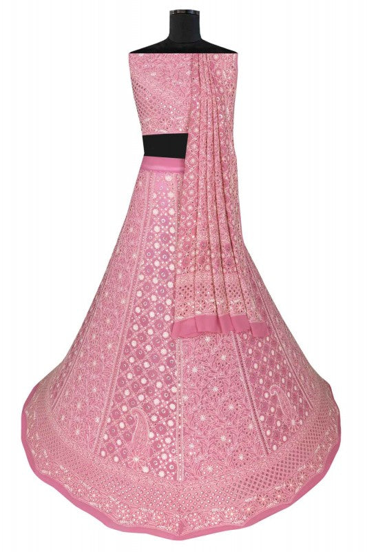 Ada Hand Embroidered Dusty Pink Pure Georgette Lucknowi Chikankari Lehenga Set With Muqaish Work A620113