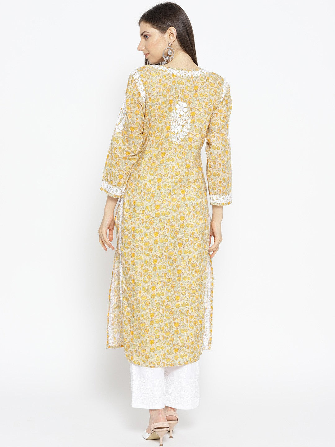 Ada Hand Embroidered Fawn Yellow Cotton Lucknow Chikankari Kurta- A100031