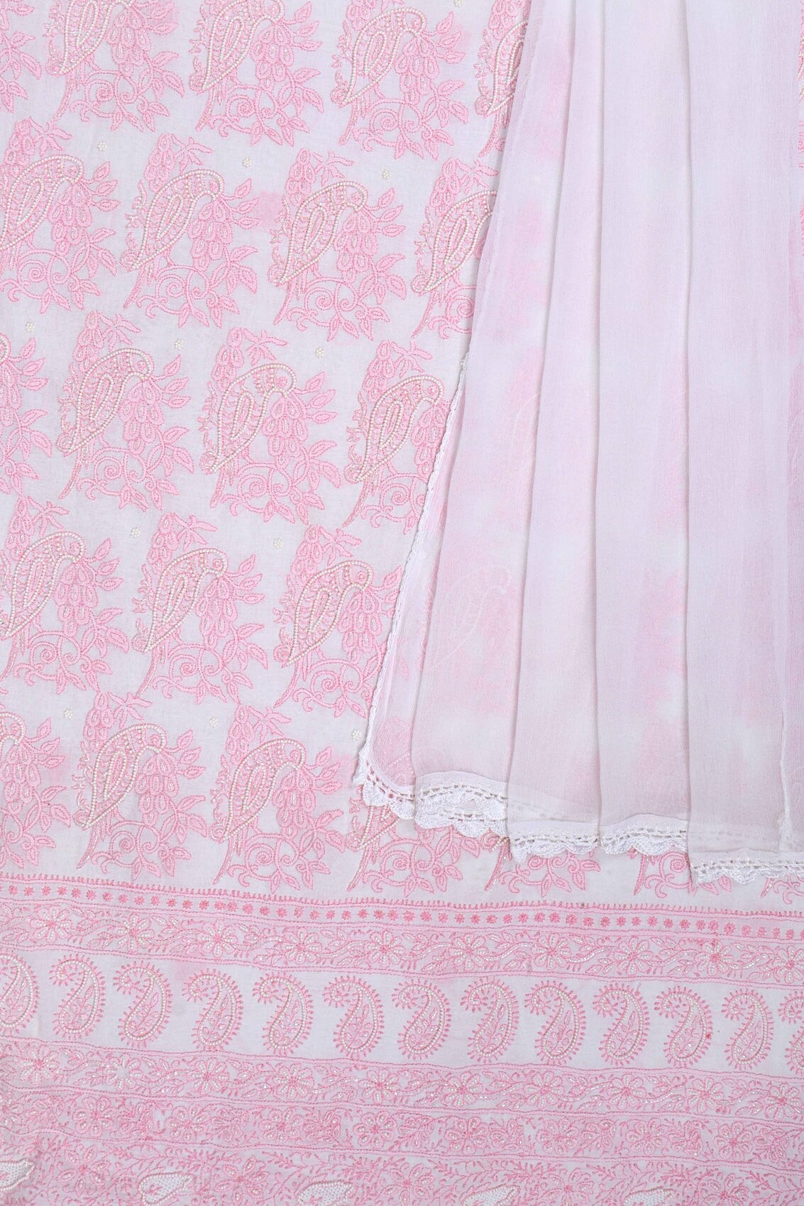 Ada Hand Embroidered White Cotton Lucknowi Chikankari Unstitched Kurta Dupatta Set With Pearl Work A599231