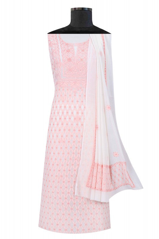 Ada Hand Embroidered White Pure Georgette Lucknowi Chikan Unstitched Kurta Dupatta Set A425087