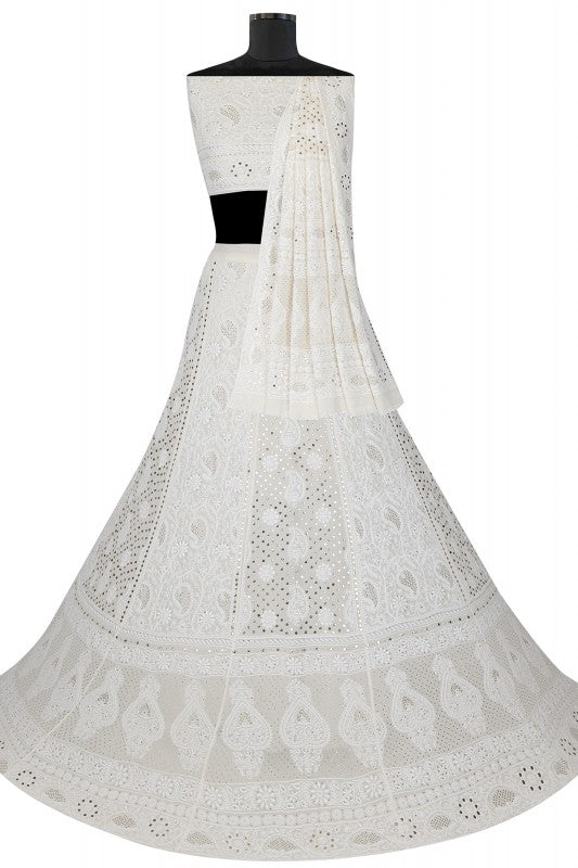 Ada Hand Embroidered White Pure Georgette Lucknowi Chikankari Lehenga Set With Muqaish Work– A617821