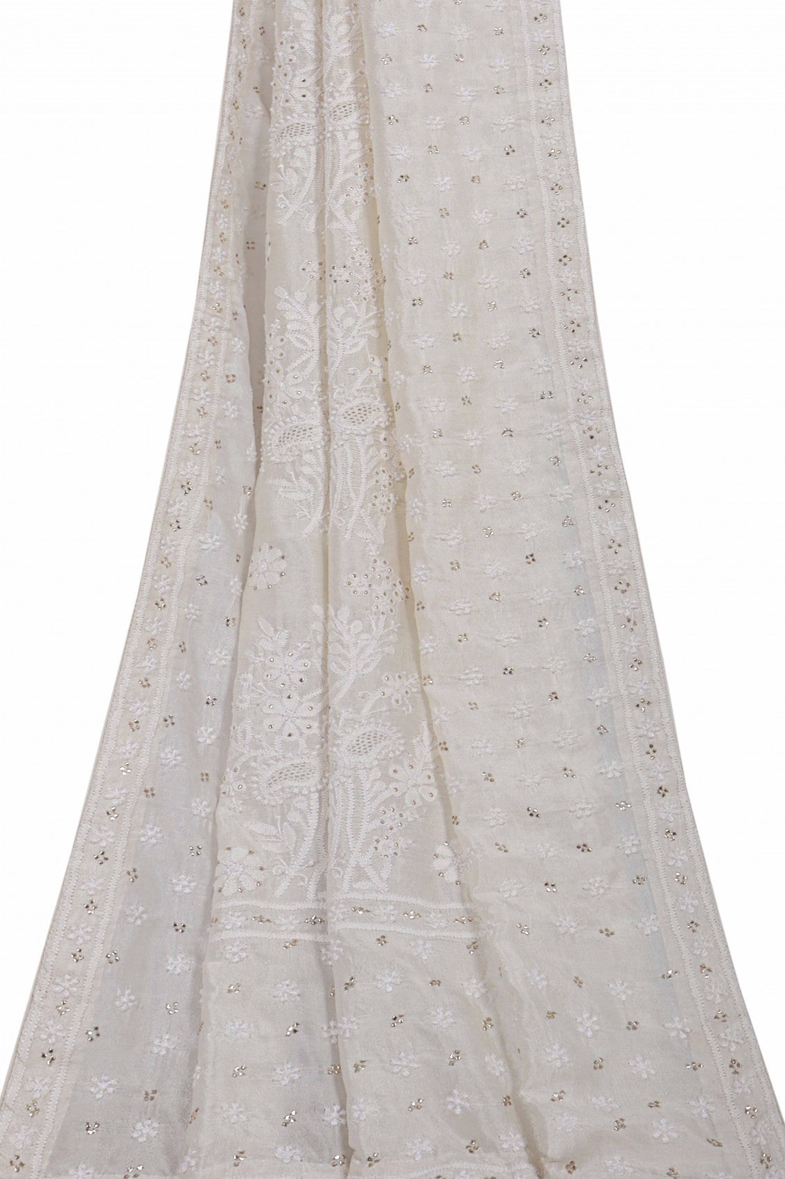 Ada Hand Embroidered White Chanderi Lucknowi Chikankari Dupatta With Muqaish Work 01A124736