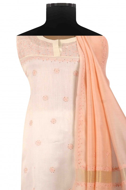 Ada Hand Embroidered White Chanderi Lucknowi Chikan Unstitched Kurta Dupatta Set A614816