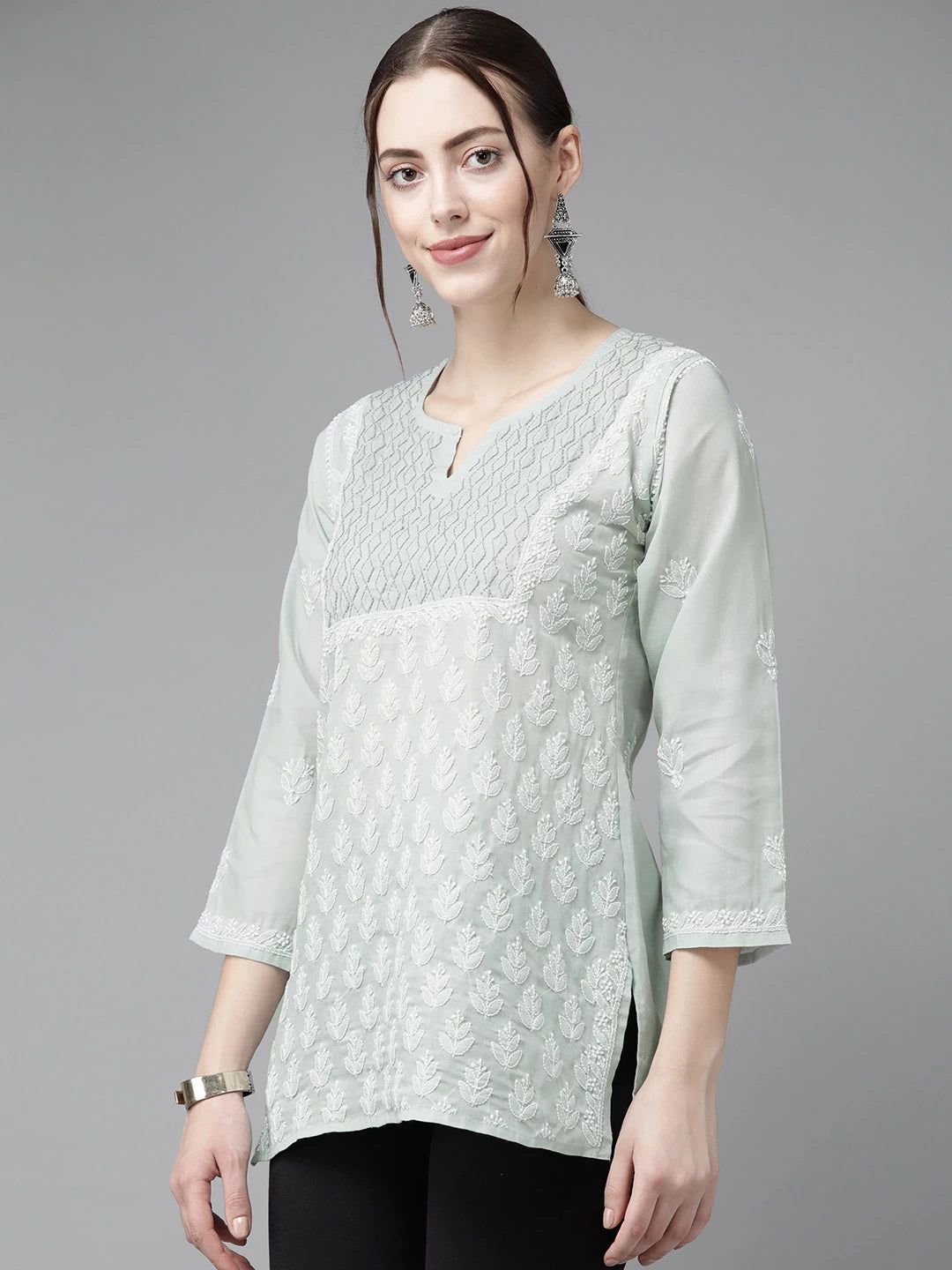 Ada Hand Embroidered Grey Cotton Lucknowi Chikankari Kurti A911216