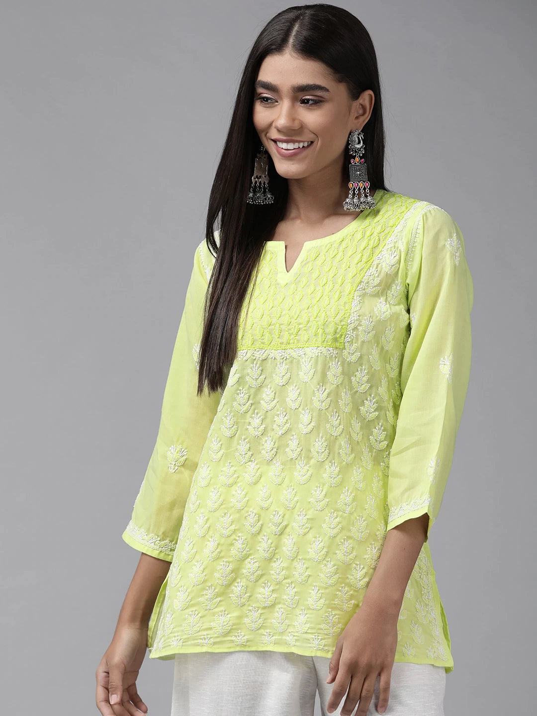 Ada Hand Embroidered Lime Green Cotton Lucknowi Chikankari Straight Kurti A911246
