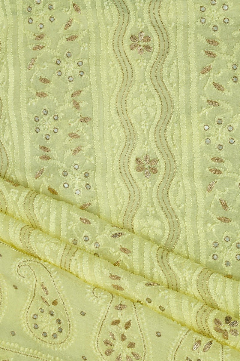 Ada Hand Embroidered Blonde Lemon Georgette Lucknowi Chikan Unstitched Kurta Piece with Gota Patti Work A482678