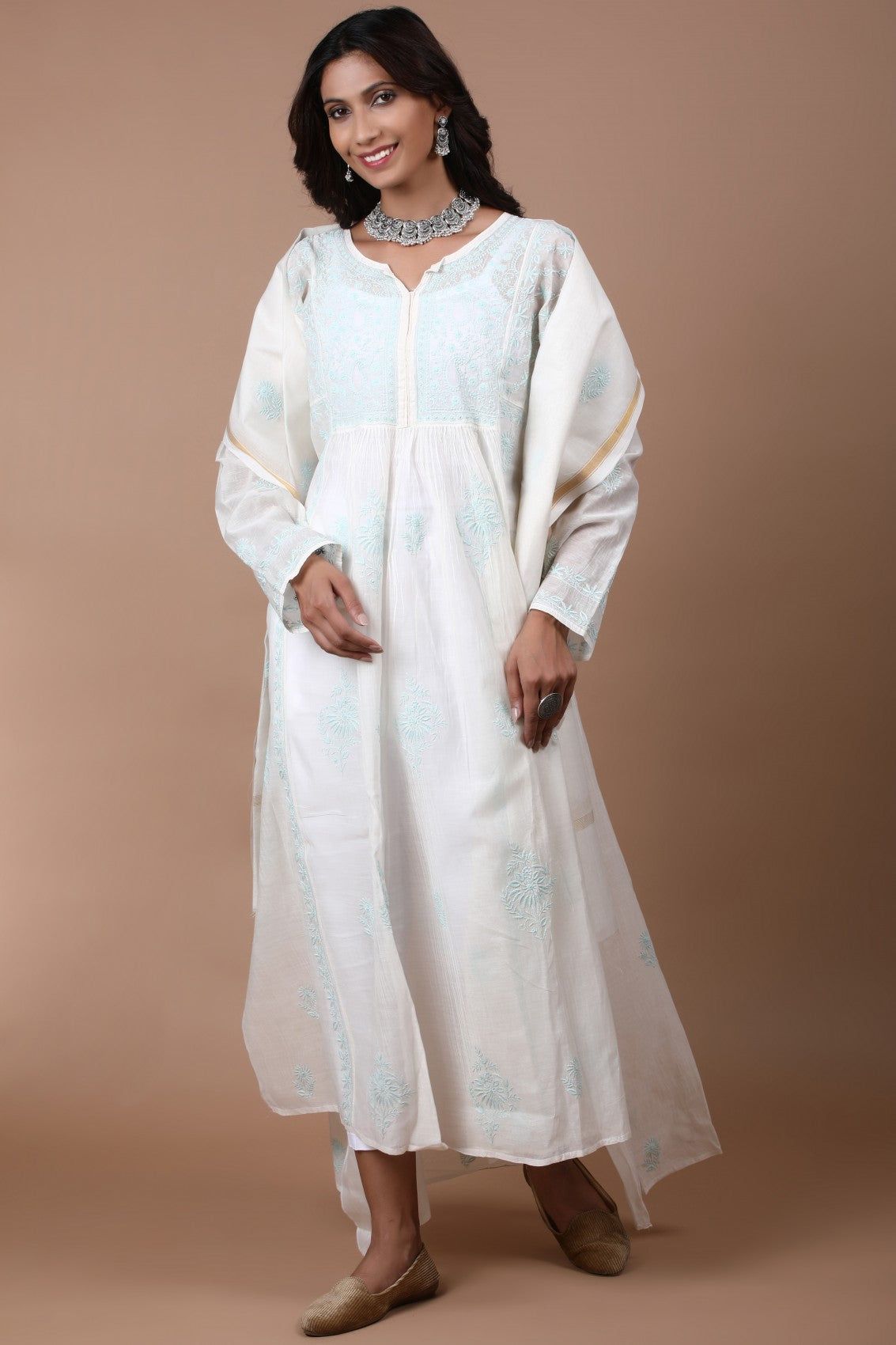 Ada Hand Embroidered Cream Chanderi Lucknowi Chikankari Semi-stitched Anarkali Kurta Dupatta Set 01A268037