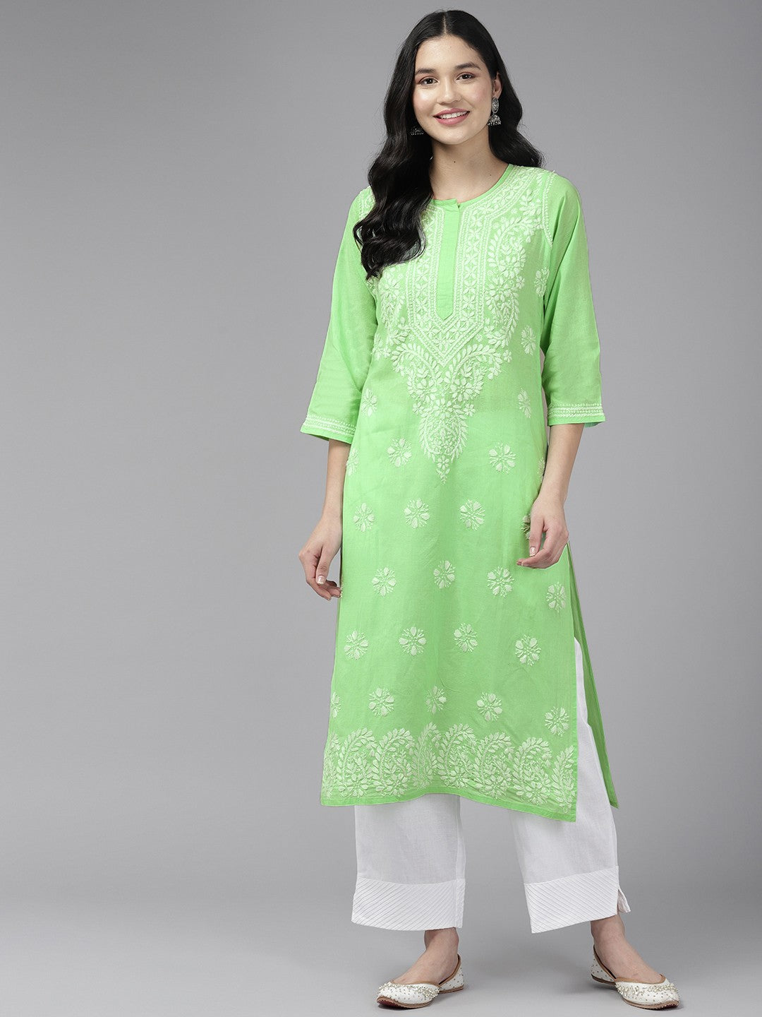 Ada Hand Embroidered Green Cotton Lucknowi Chikankari Straight Kurta A411423