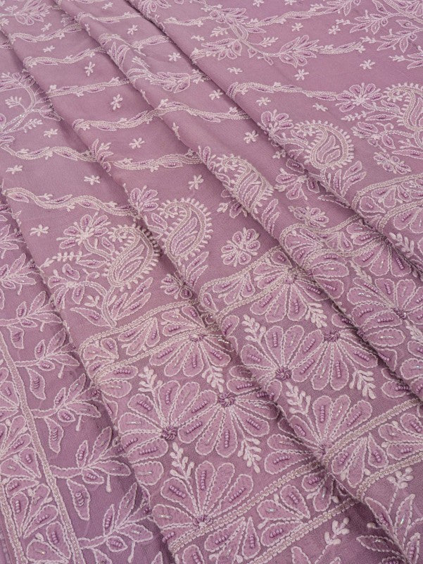 Ada Hand Embroidered Mauve Pure Georgette Lucknowi Chikankari Saree/Blouse with Pearl Work A534050