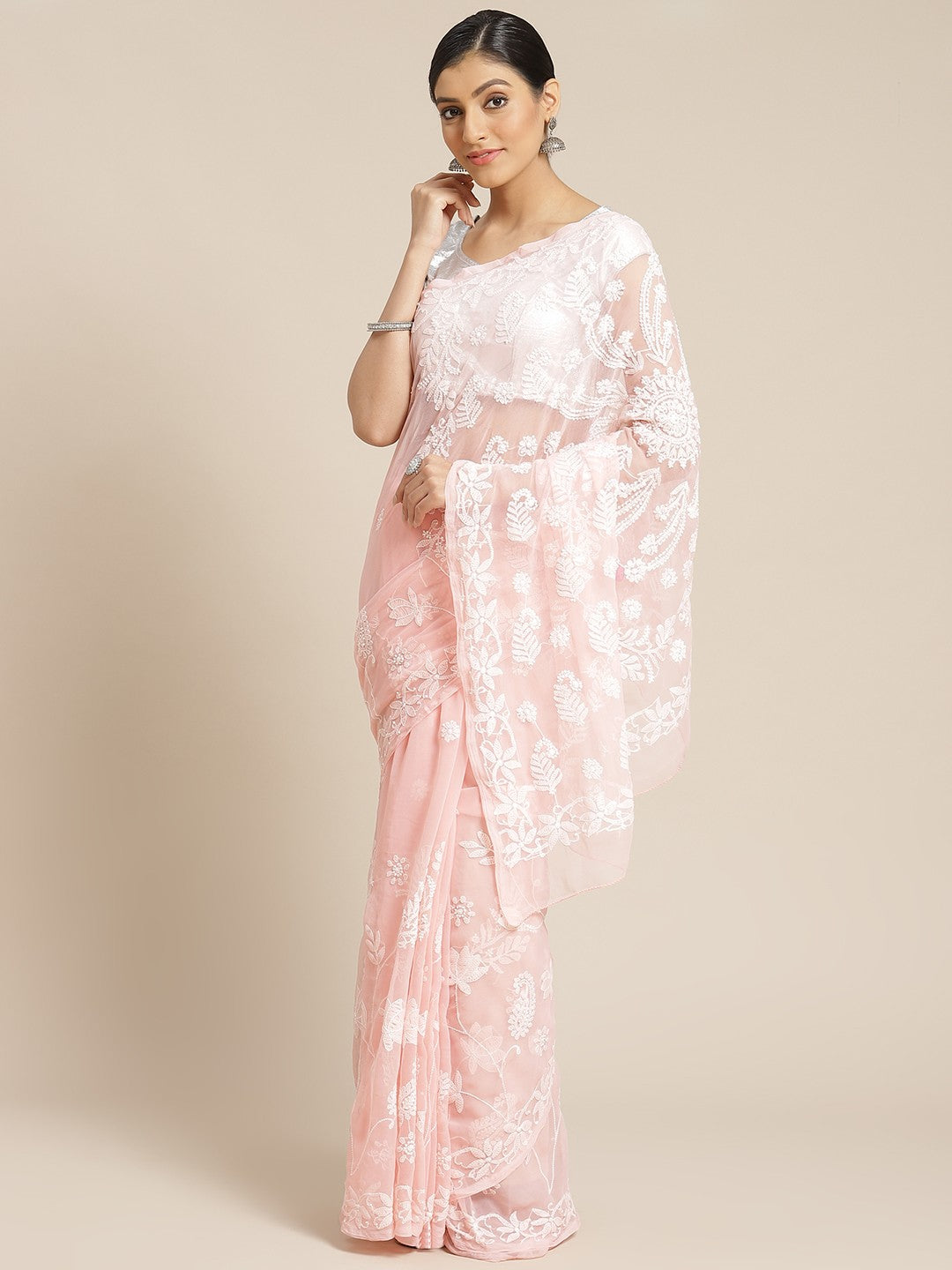 Ada Hand Embroidered Peach Georgette Lucknow Chikan Saree With Blouse-A452096