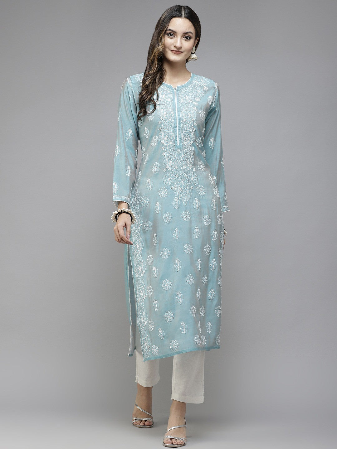 Ada Hand Embroidered Greyish Blue Chanderi Lucknowi Chikan Kurta A411343
