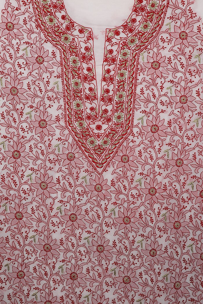 Ada Hand Embroidered White Pure Georgette Lucknowi Chikan Unstitched Kurta Dupatta Set A154970