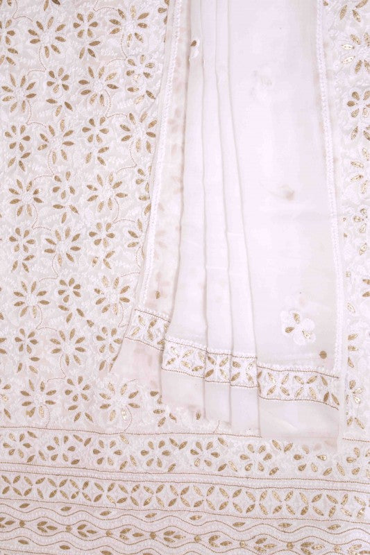 Ada Hand Embroidered White Georgette Lucknowi Chikan Unstitched Kurta Dupatta Set With Gota Patti Work - A618294