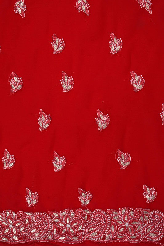Ada Hand Embroidered Red Georgette Lucknowi Chikan Unstitched Suit Piece with Gota Patti Work A340194