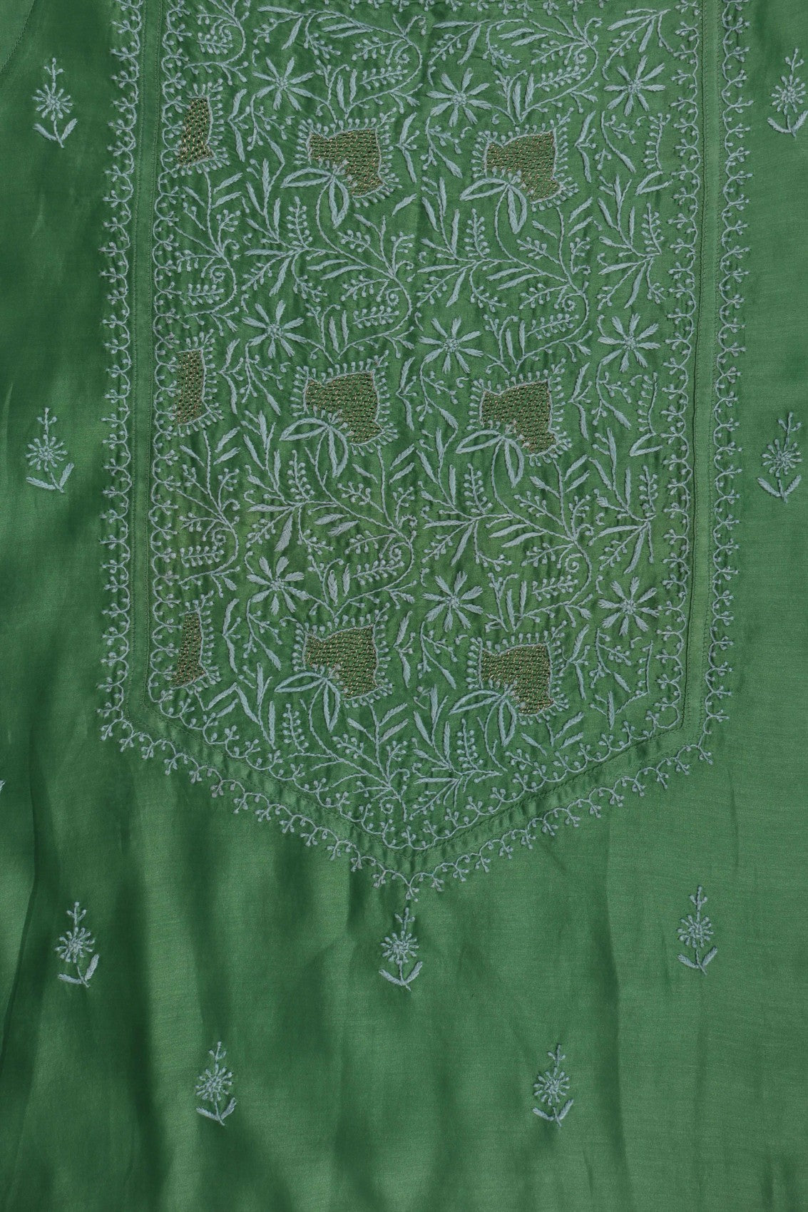 Ada Hand Embroidered Pickle Green Chanderi Lucknowi Chikankari Semi-stitched Kurta Dupatta Set With Zari Work 01A129514