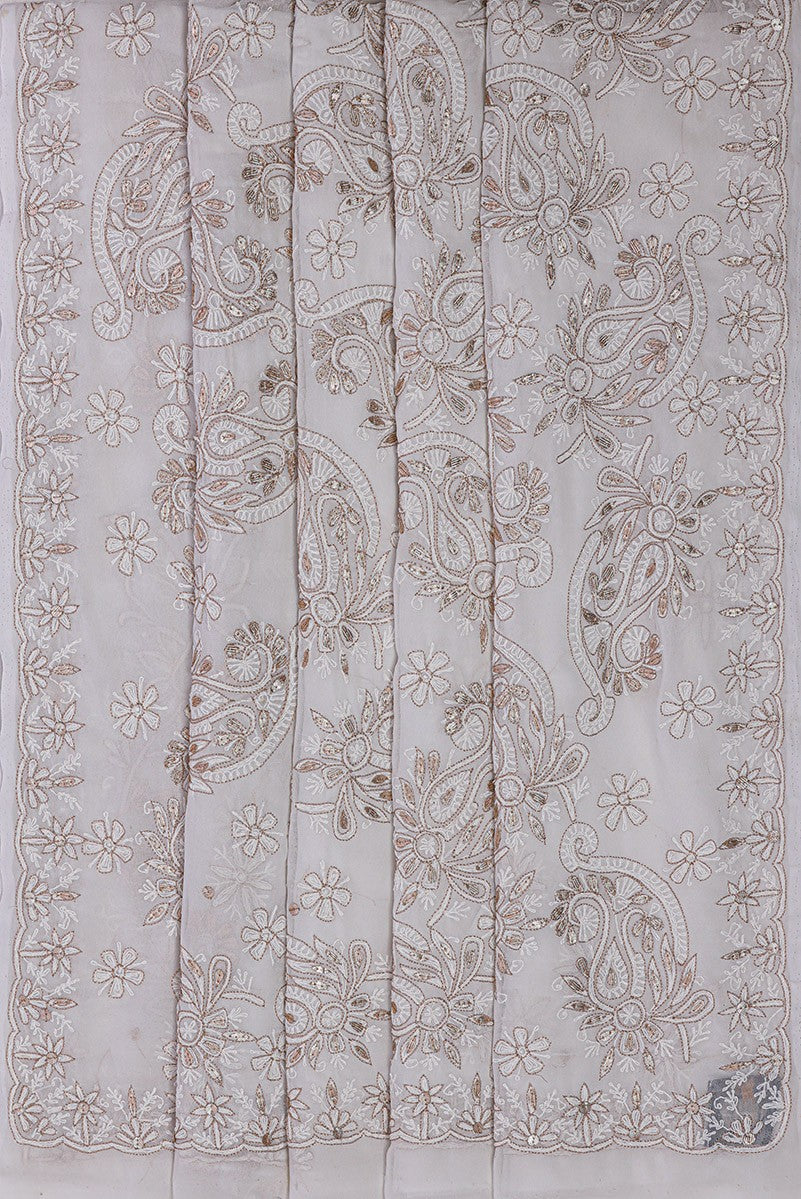 Ada Hand Embroidered White Georgette Lucknowi Chikankari Saree /Blouse with Gota Patti Work A42302