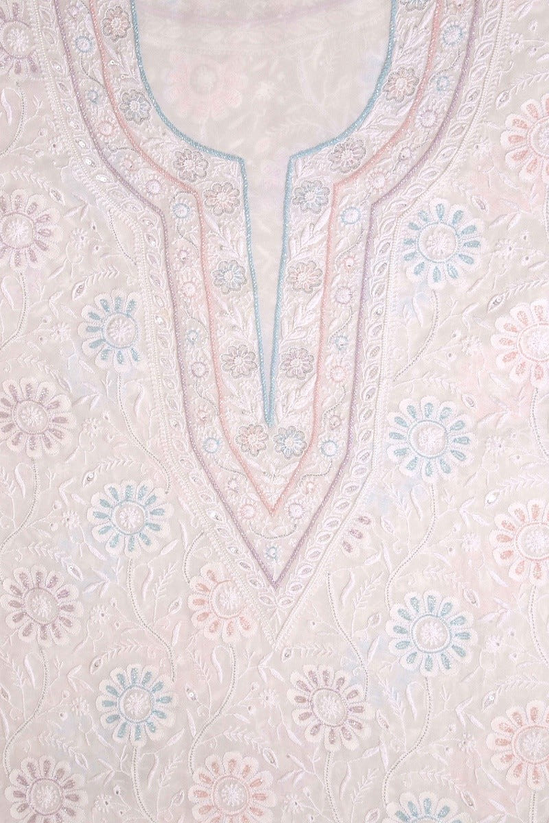 Ada Hand Embroidered White Pure Georgette Lucknowi Chikan Unstitched Kurta Dupatta Set With Pearl & Sequinnned Work-A453585