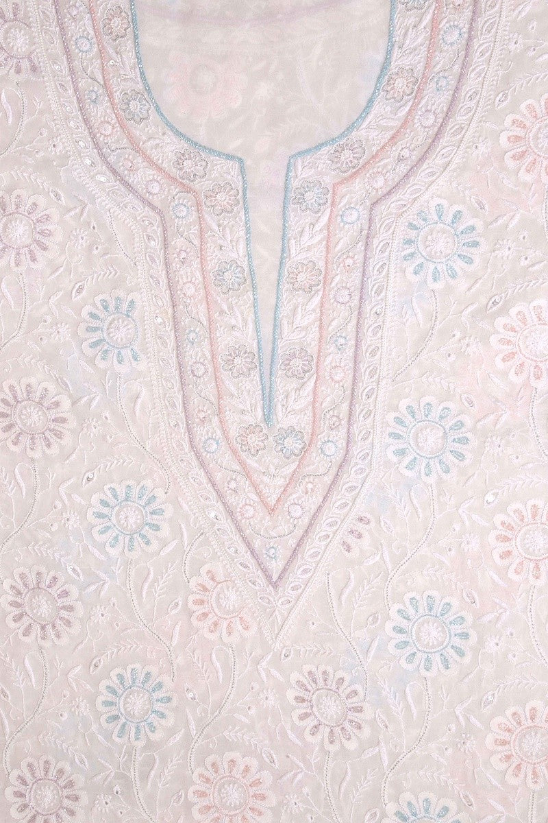 Ada Hand Embroidered White Pure Georgette Lucknowi Chikan Unstitched Kurta Dupatta Set With Pearl & Sequinnned Work-A453585