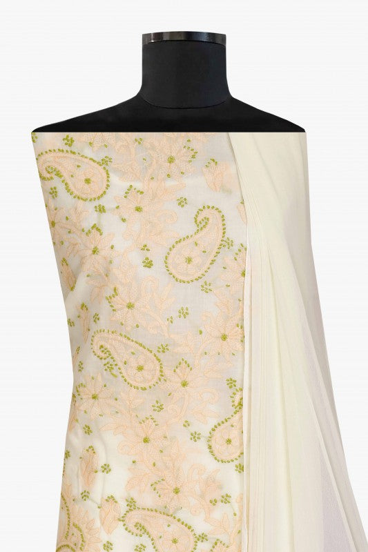 Ada Hand Embroidered Cream Cotton Lucknowi Chikan Unstitched Suit Piece A211114