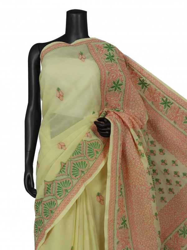 Ada Hand Embroidered Lemon Cotton Lucknowi Chikankari Saree With Blouse A239628