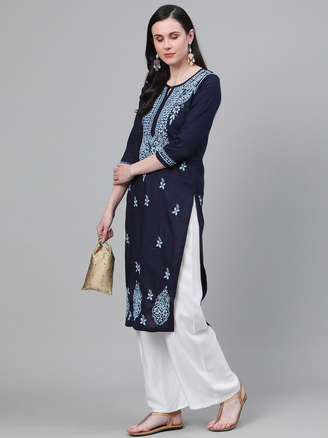 Ada Hand Embroidered Navy Blue Cotton Lucknowi Chikankari Kurta A411146