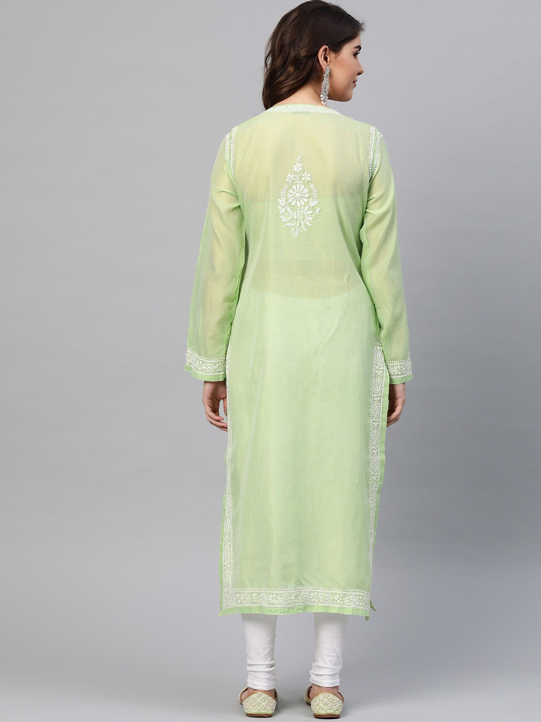 Ada Hand Embroidered Green Chanderi Lucknow Chikan Kurta-A411169