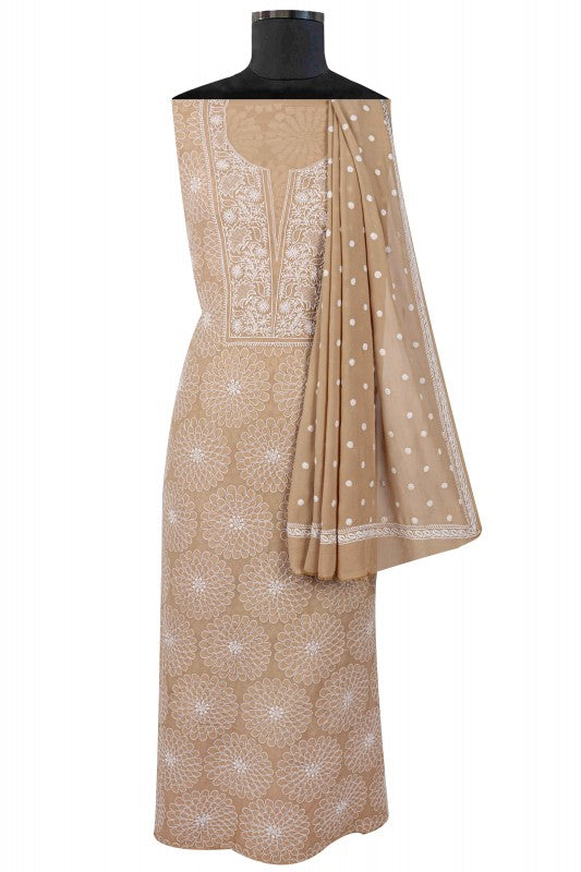 Ada Hand Embroidered Fawn Pure Georgette Lucknowi Chikan Unstitched Kurta Dupatta Set A489983