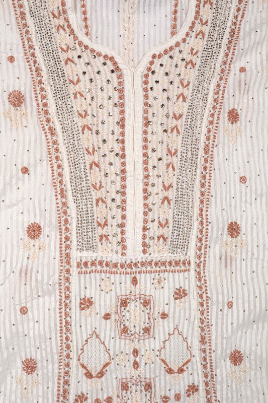 Ada Hand Embroidered Cream Chanderi Lucknowi Chikankari Unstitched Anarkali Kurta Dupatta Set With Muqaish Work 01A138198