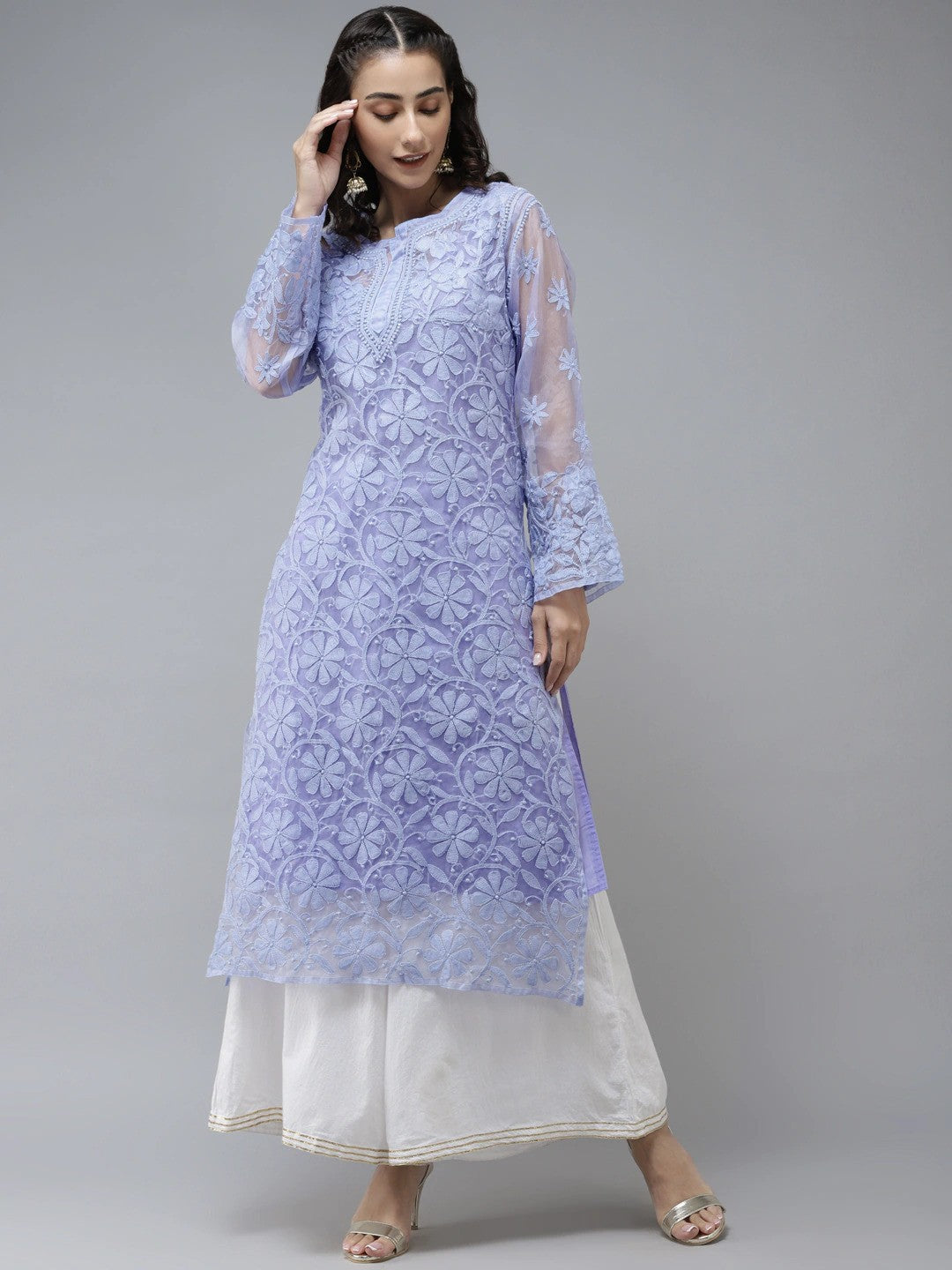 Ada Hand Embroidered Mauve Organza Lucknowi Chikankari Kurta With Slip- A411240