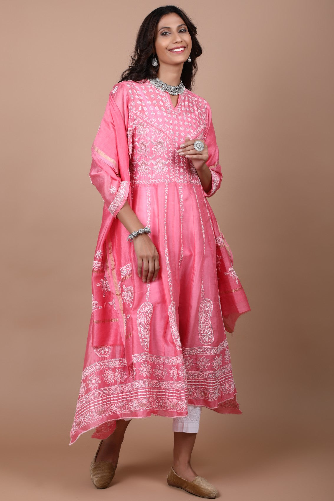 Ada Hand Embroidered Pink Chanderi Lucknowi Chikankari Semi-Stitched Anarkali Kurta Dupatta Set With Zari Work 01A205804