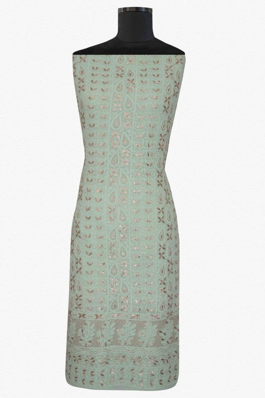 Ada Hand Embroidered Green Georgette Chikan Unstitched Kurta Piece with Gota Patti Work A588382