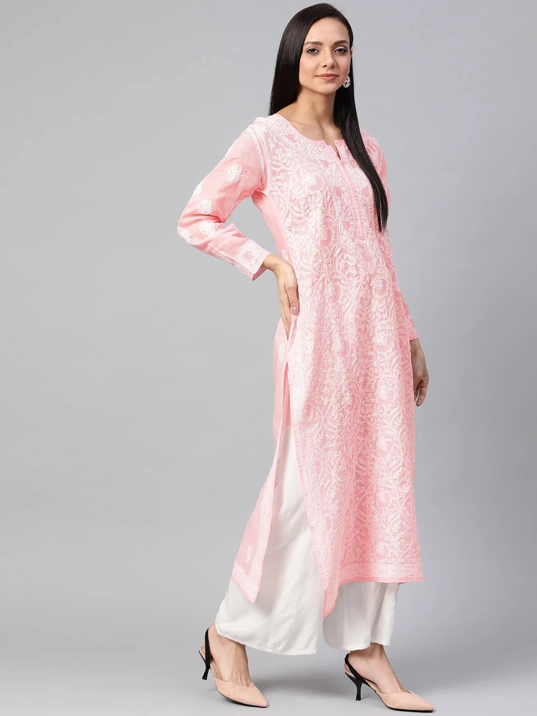 Ada Hand Embroidered Peach Cotton Lucknowi Chikankari Straight Kurta A100539