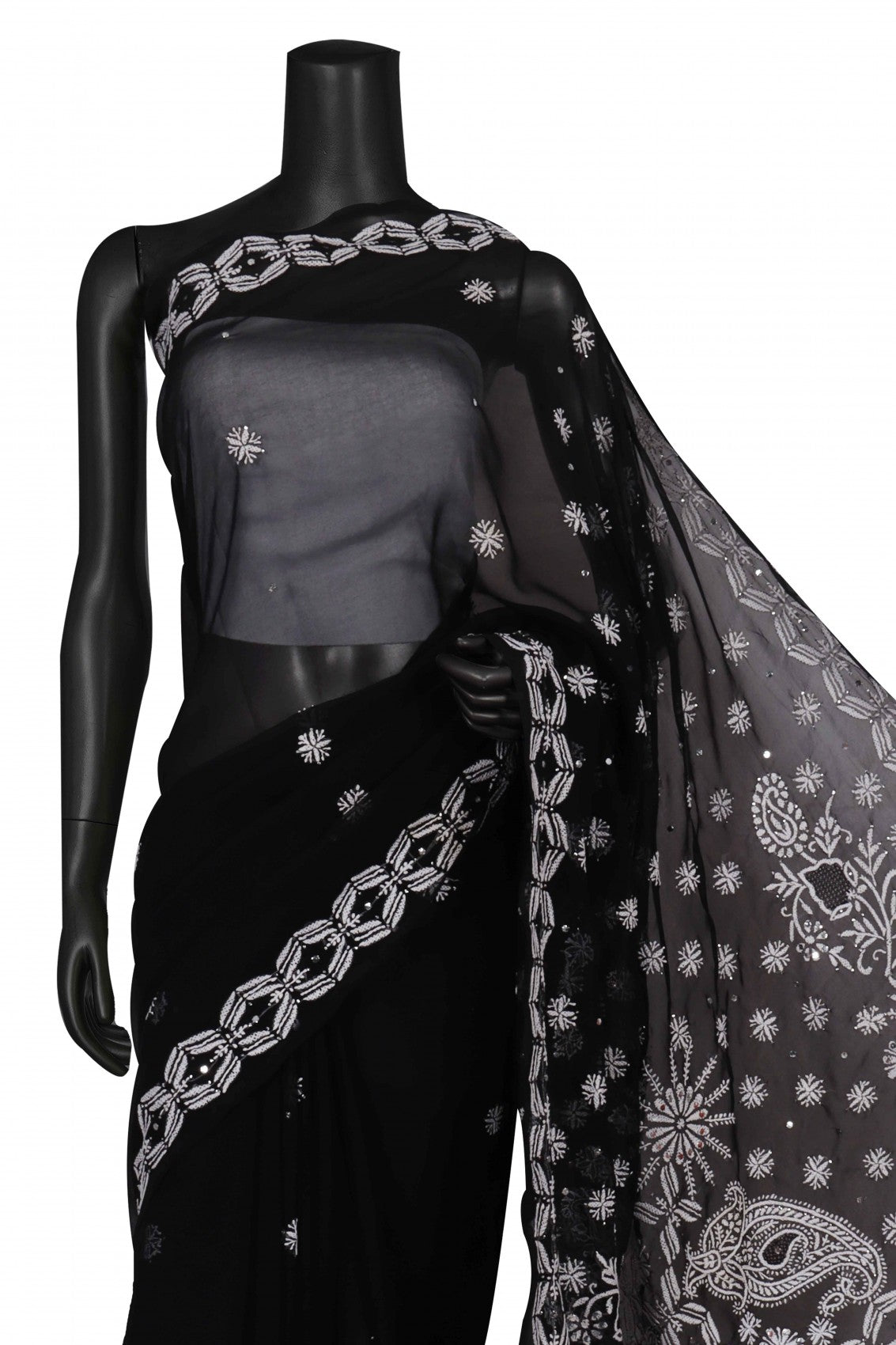 Ada Hand Embroidered Black Georgette Lucknowi Chikankari Saree/Blouse With Muqaish Work A381079