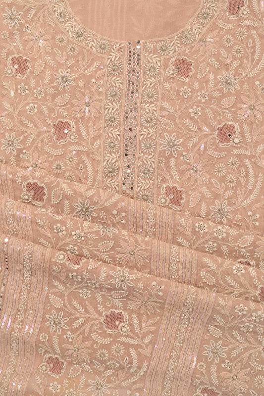 Ada Hand Embroidered Fawn Pure Georgette Lucknowi Chikan Unstitched Kurta Dupatta set A600736