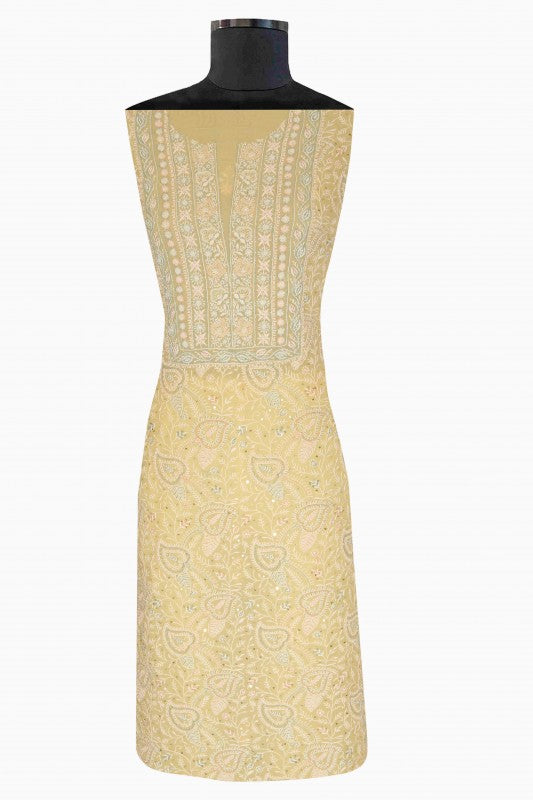 Ada Hand Embroidered Cream Pure Georgette Lucknowi Chikan Unstitched Kurta Dupatta Set With Pearl & Sequinned Work-A610884