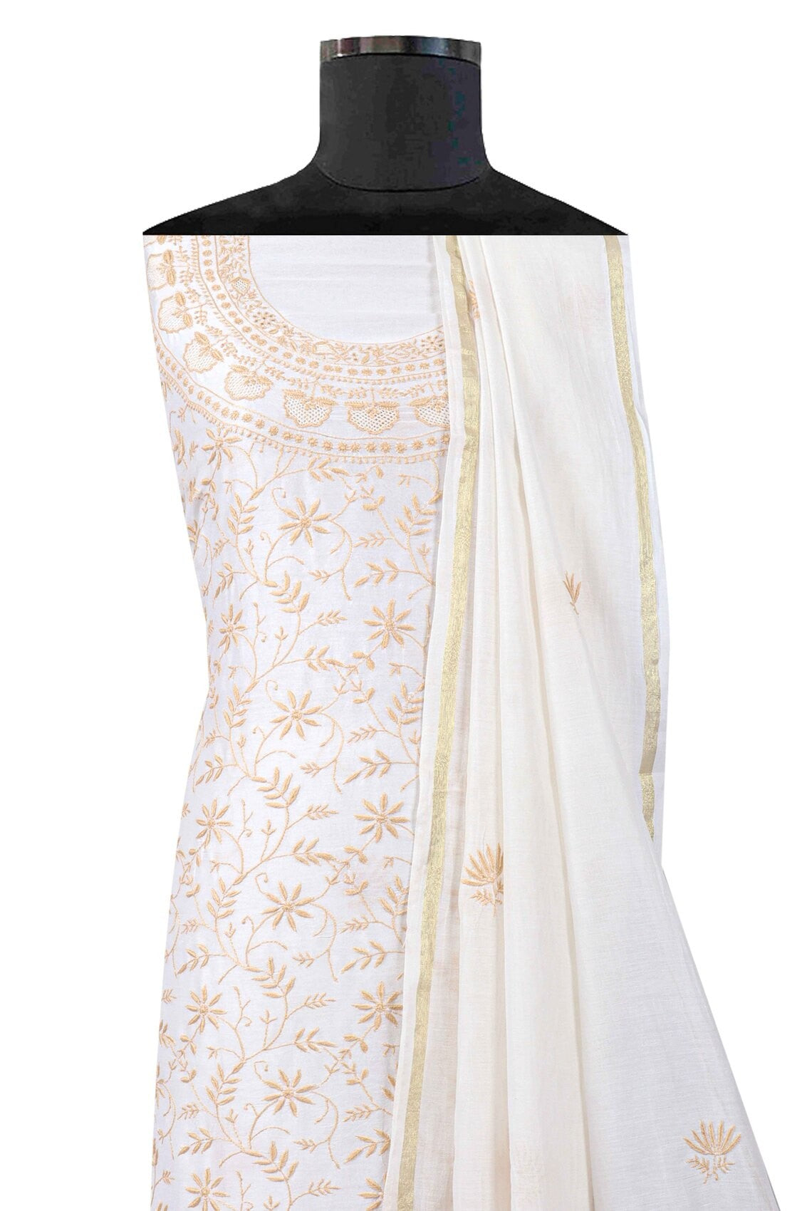 Ada Hand Embroidered Cream Chanderi Lucknowi Chikankari Unstitched Kurta Dupatta Set 01A130056