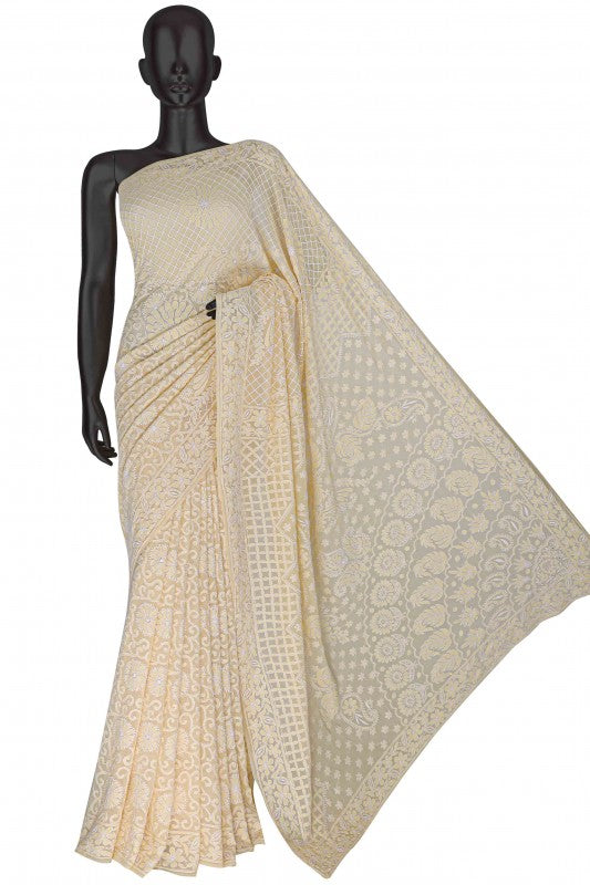 Ada Hand Embroidered Fawn Pure Georgette Lucknowi Chikankari Saree With Blouse- A425224