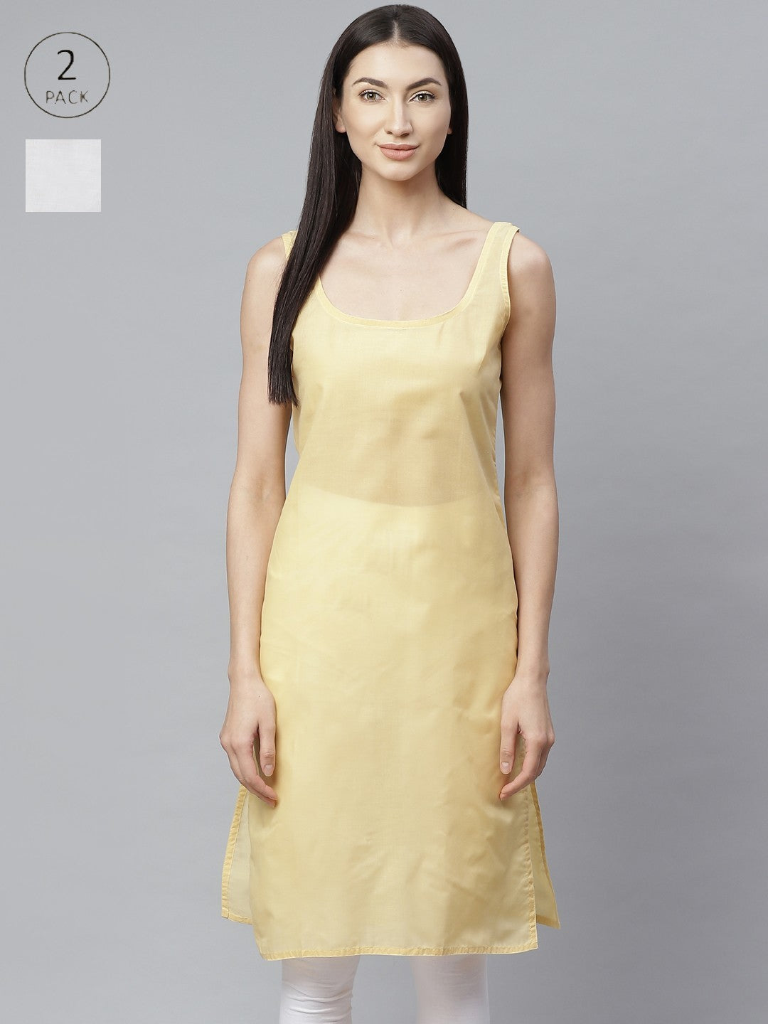 Ada White and Fawn Cotton Long Slips Combo of 2 A111126.