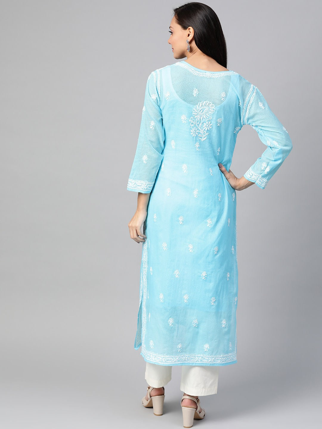 Ada Hand Embroidered Blue Kota Lucknowi Chikankari Straight Kurta With Slip A100534